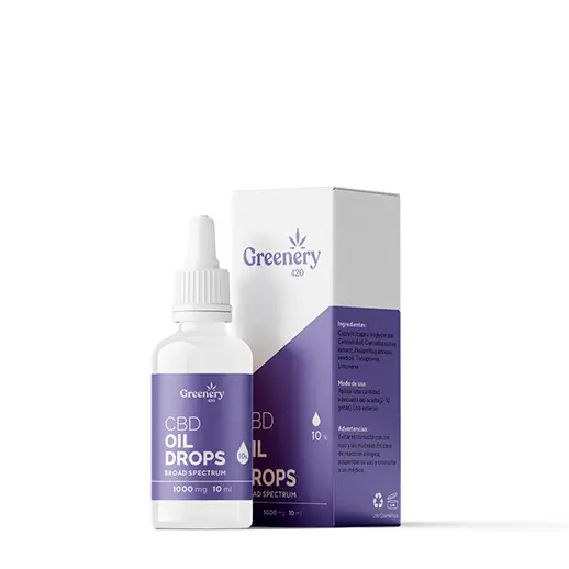 Frasco y caja del aceite cosmético de CBD Broad Spectrum Greenery 420 1000 mg, en color violeta