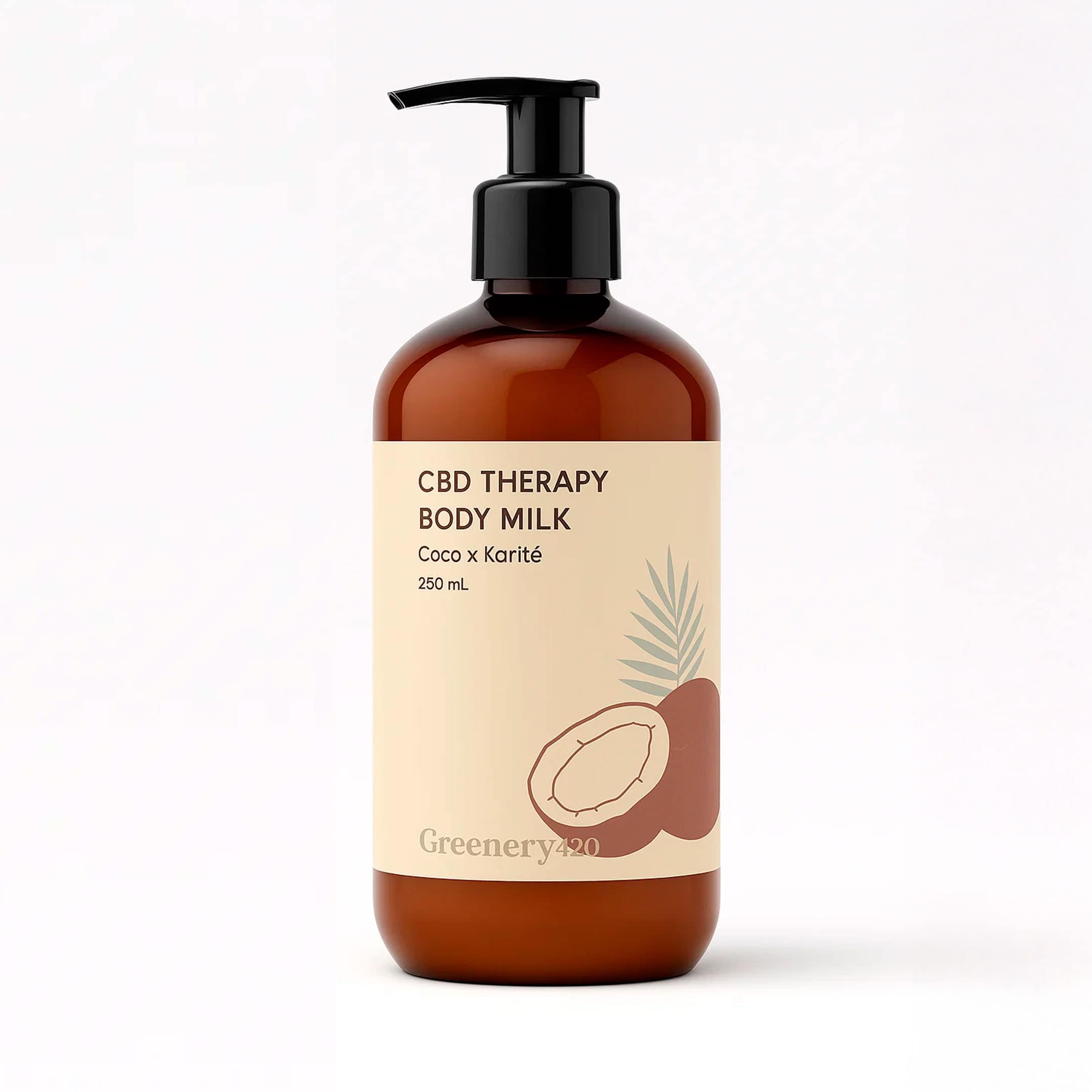 Loción corporal con CBD de Greenery 420, 250ml, con coco, karité, aloe vera y aceites naturales, hidratante y calmante para la piel.