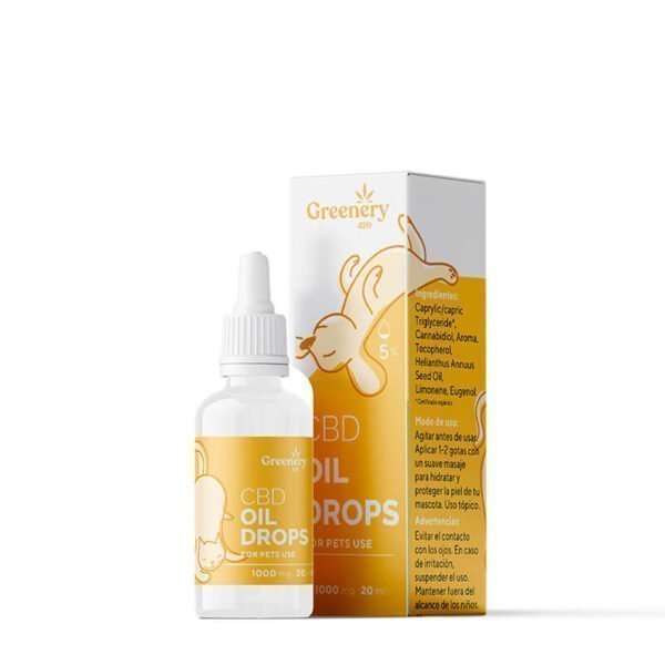 Greenery 420 Huile de CBD topique 1000mg Bouteille et boîte en PET, illustrée d’un chien et d’un fond jaune